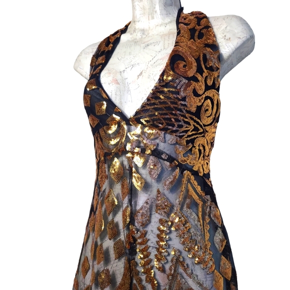 Gold and Black  Mesh Sequin Halter Jumpsuit Size Small - Picture 5 of 7